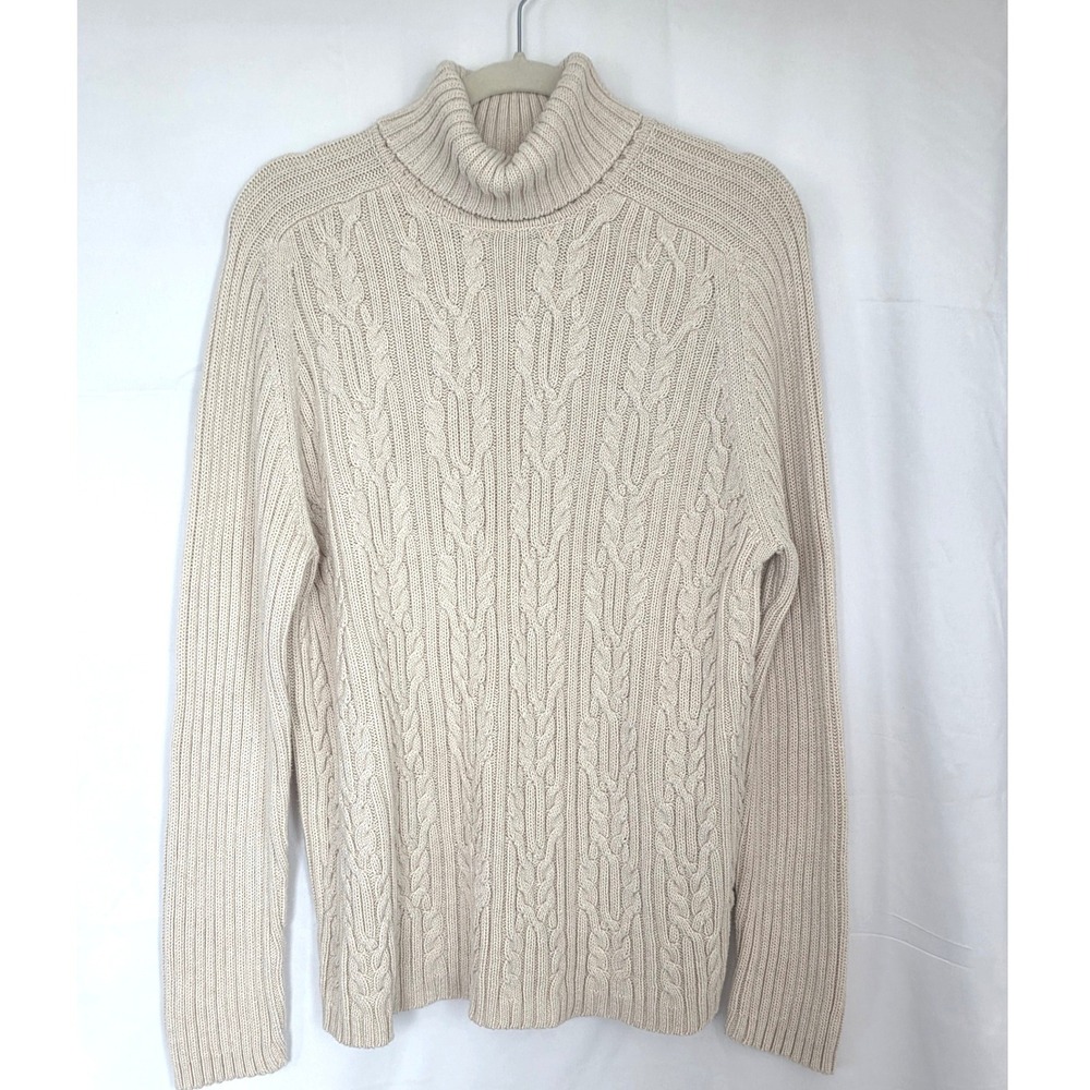 Cream Cable Knit Turtleneck Sweater 100% Cotton XL Chunky Fisherman Preppy